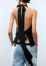 Spring Summer Women Sexy Hanging Collar Silk Satin Textured Top