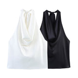 Spring Summer Women Sexy Hanging Collar Silk Satin Textured Top