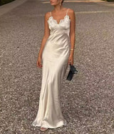 Women Clothing Spring Sexy Lace Stitching Satin Dress