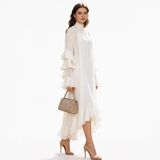Spring High Neck Ruffled Maxi Dress Bell Sleeve Irregular Asymmetric Neck Loose Slimming Two Piece Dress