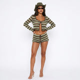 Women Sexy Knitted Striped Beach Bikini Swimsuit Blouse Sun Proof Skirt Set