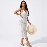 Beach Cover up Sexy Cutout Knitted Long Sling Backless Holiday Sun Proof Dress