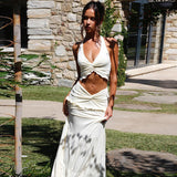 V neck Ruffled Halter Spaghetti Straps Detail Twisted Skirt Set