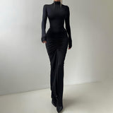 Slim Slimming Pleated Turtleneck Long Sleeve Dress