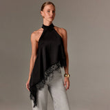 Summer Satin Stitching Lace Vest Halter Sleeveless Small Stand Collar off Shoulder Irregular Asymmetric Top