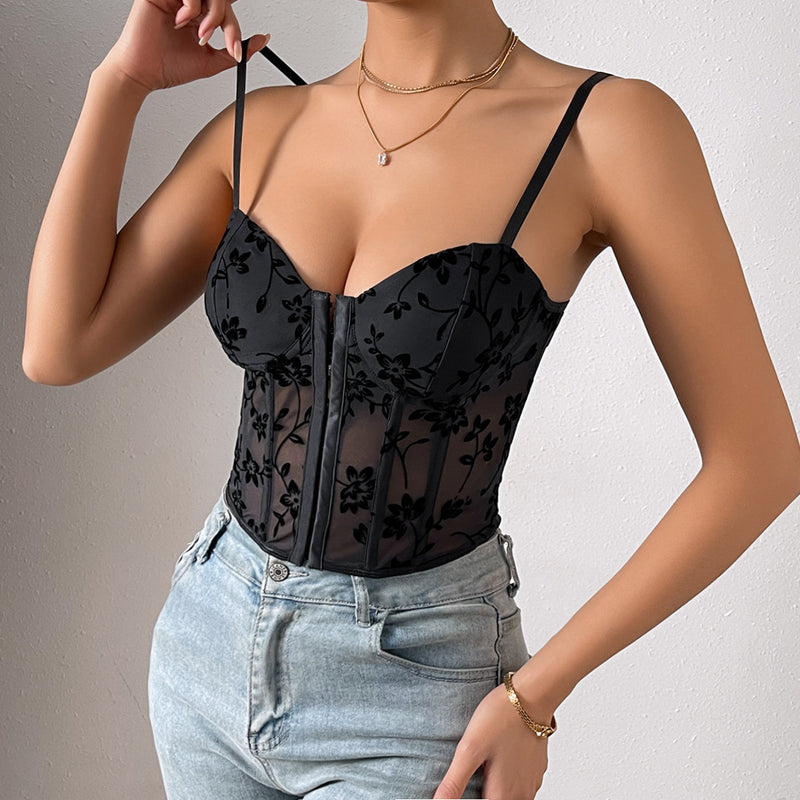 Mesh Boning Corset Waist Short Top