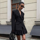 Black Autumn Winter Lace Stitching Office Women Long Sleeve Blazer