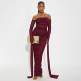 Long Sleeve Ribbon Mesh Pleated Slim Dress