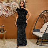 Black Paillette Feather Stitching Sequin  Evening Dress