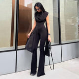 Women Spring Elegant Women Clothing Solid Color Slim High Waist round Collar Gauze Ribbon Jumpsuit