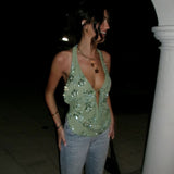 Spring Summer Women Backless Sequined V neck Top