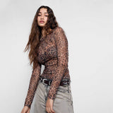 Mesh round Neck Leopard Print Top
