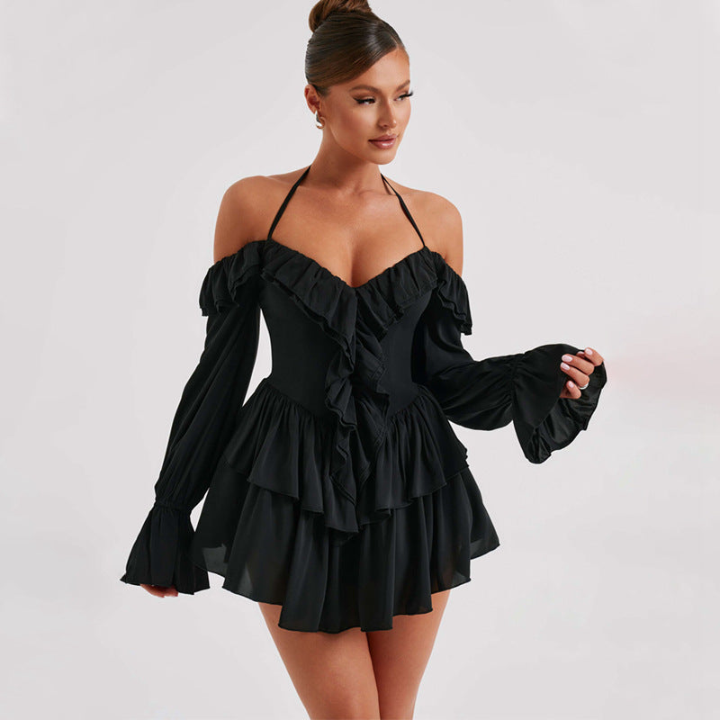 Low Cut Ruffled Long Sleeve Romper