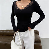 Lace Stitching Slim Fit Long-Sleeved T shirt