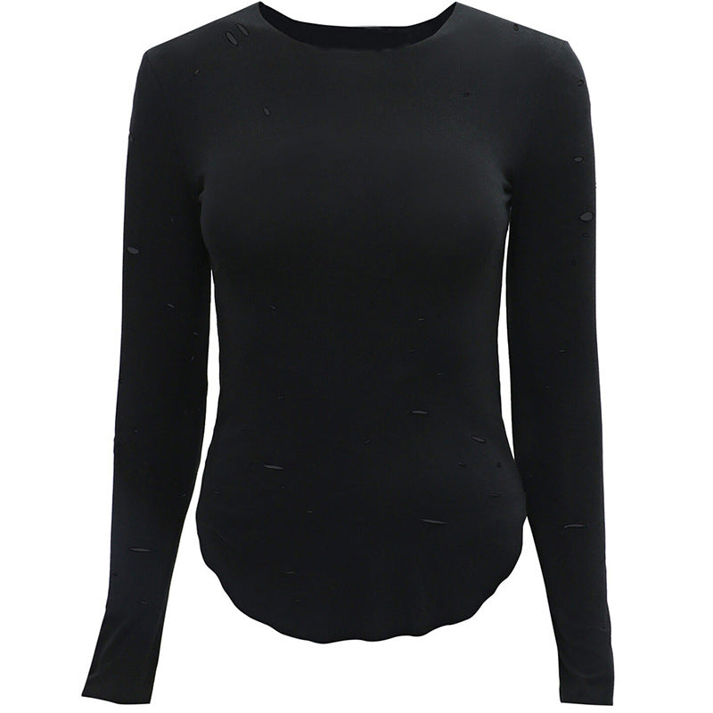 Long Sleeve round Neck Ripped   Top