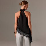 Summer Satin Stitching Lace Vest Halter Sleeveless Small Stand Collar off Shoulder Irregular Asymmetric Top