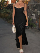 High Grade Mesh Camisole Pleated Irregular Asymmetric Sleeveless Dress