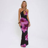 Floral Print Cross Lace up Fishtail Maxi Dress