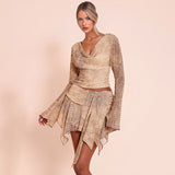 Snake Pattern Printed Long Sleeved Top Slim Ribbon Skirt Outfit