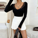 Lace Stitching Slim Fit Long-Sleeved T shirt