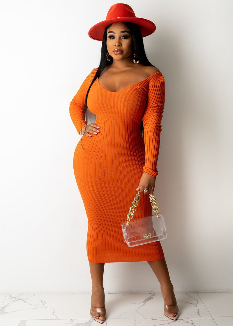 Plus Size Fall Winter V neck Off Shoulder Thread Sexy Dress - Angelique