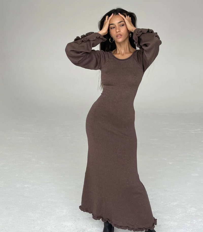 Woolen Bell Sleeve Stringy Selvedge Dress