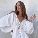 Cotton Linen White Lantern Sleeve V neck Top Shorts  Summer Women Clothing Two Piece Set - Angelique