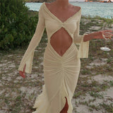 See through L Hollow Out Cutout out Pleated Lace Slim Fit Dress