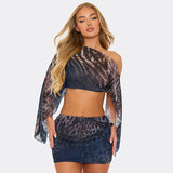 Tiger Stripe Pattern Mesh off Shoulder Long Sleeve Top Skirt Set