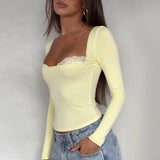 Women Autumn Lace Stitching Slim Fit Long Sleeved T shirt