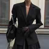 Black Autumn Winter Lace Stitching Office Women Long Sleeve Blazer