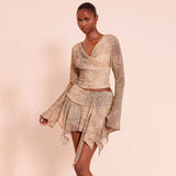 Snake Pattern Printed Long Sleeved Top Slim Ribbon Skirt Outfit