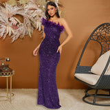 Black Paillette Feather Stitching Sequin  Evening Dress