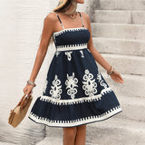 Smocking Wrapped Chest Suspender Vacation Positioning Printing Backless Dress Women
