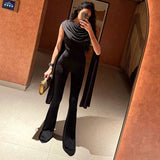 Women Spring Elegant Women Clothing Solid Color Slim High Waist round Collar Gauze Ribbon Jumpsuit