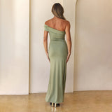 Slant Shoulder Tight Waist Twisted High Waist High Slit Sheath Maxi Dress