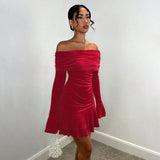 Autumn Winter Velvet Sexy off Neck Tube Top Ruffles Long Sleeve Narrow Dress Women