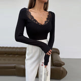 Lace Stitching Slim Fit Long-Sleeved T shirt