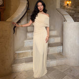 One Shoulder Cold Shoulder Waist Tight Long Solid Color Dress