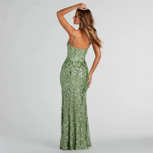 Backless High Slit Ladies Sequined Dress