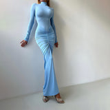 Slim Slimming Pleated Turtleneck Long Sleeve Dress