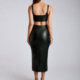 Faux Leather Vest Slim Fit Slit Skirt Set