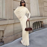 Trimming Pleated Long Sleeve Dress