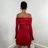 Autumn Winter Velvet Sexy off Neck Tube Top Ruffles Long Sleeve Narrow Dress Women