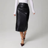 Back Slit Ruffle Hip Faux Leather Skirt