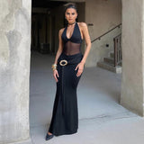 Mesh Stitching Semi See through Slim Fit Halter Tied Dress