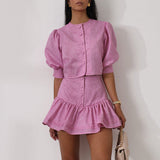 Casual Skirt Outfit Puff Sleeve Short Two Piece Set