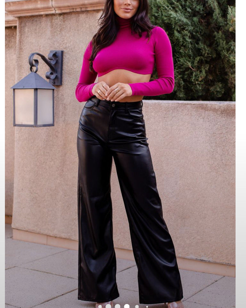 Wide Leg Straight Casual Leather Pants Retro Trousers