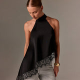 Summer Satin Stitching Lace Vest Halter Sleeveless Small Stand Collar off Shoulder Irregular Asymmetric Top