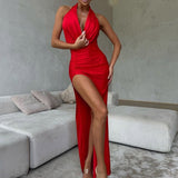 Halter Deep V Plunge High Slit Backless